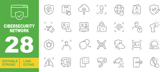 CybersecurityNetwork line icon set. Vector pictograms of browserShield, fingerprintShield, pinpad, cloudKey, bootprint, globeLock, idCard, shieldCheckmark, cardAlert, laptopLock. Editable stroke