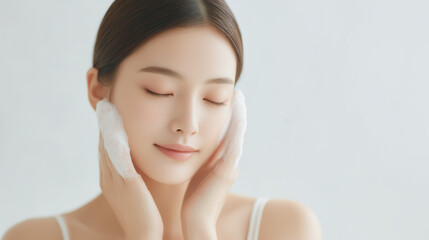 洗顔する美しい日本人女性：美容広告に