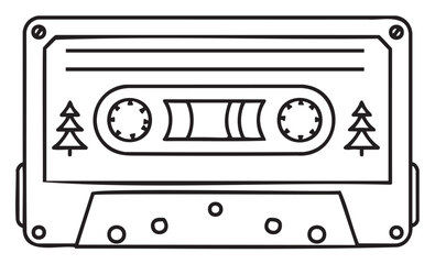 Fototapeta premium Black outline drawing of a vintage audio cassette tape with tree motifs, highlighting its spools and tape window, ideal for retro and music themes.