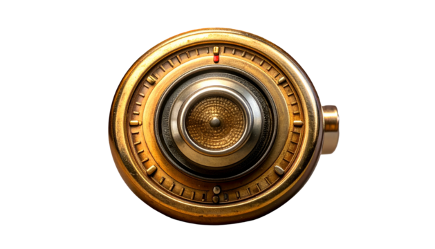 Ornate golden safe dial with concentric circles on a black background