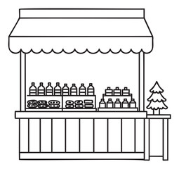 Black outline icon of a market stall with a canopy, displaying rows of bottles and stacked goods, next to a small tree.