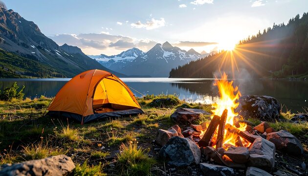 A vibrant campsite scene with an orange tent, burning fire, and scenic lake against mountainous backdrop at sunrise