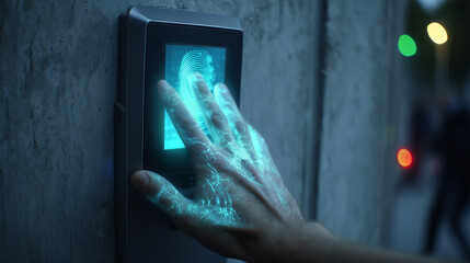 Futuristic biometric access control unlocking system with glowing fingerprint scan, advanced security technology for business or personal identification