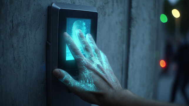 Futuristic biometric access control unlocking system with glowing fingerprint scan, advanced security technology for business or personal identification