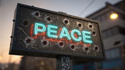 futuristic war cityscape A neon sign displaying the word "PEACE" with a worn, urban background.