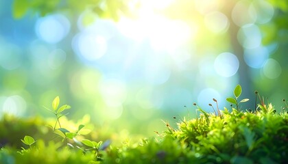 Fototapeta premium Lush green moss and tiny plants bathed in soft sunlight filtering through a blurry, bright forest canopy