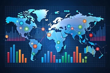 Colorful world map with many different colored lines and bars