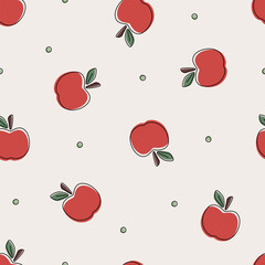 Cartoon red apple fruit and circle seamless vector background. Summer or spring seasonal farming fruit for fabric, textile, card, wrapping, stationery, and phone cases.