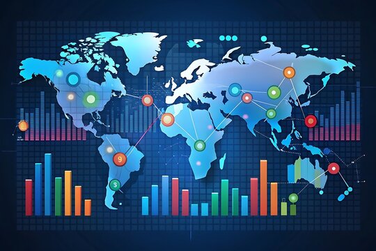Colorful world map with many different colored lines and bars