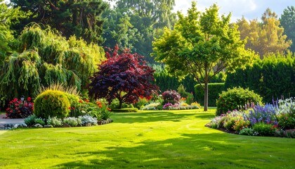 Beautiful garden landscape with lush greenery, trees, and flowers in a sunny park