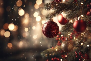 A close-up of a pine tree branch decorated with shiny red and golden ornaments, with twinkling lights for Christmas.