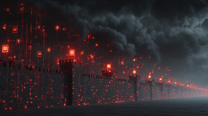 Cybersecurity Fortification: Advanced firewall protection against digital threats with luminous red data streams for secure network defense in a digital landscape
