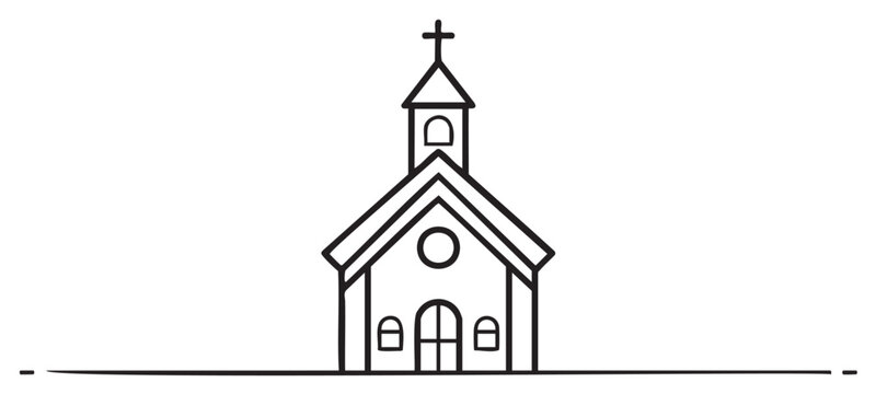 Simple linear icon of a small church with a cross on top, featuring arched windows and a central entrance.