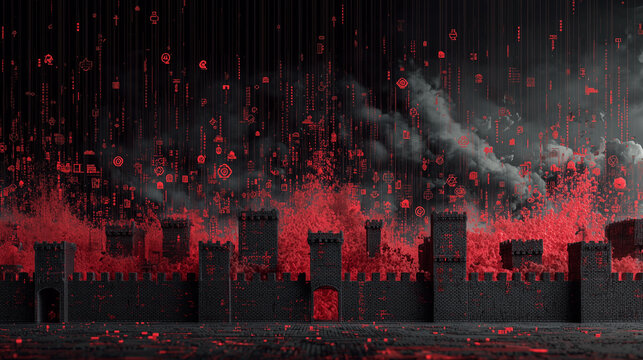 Mysterious castle under digital rain, evoking security and technology themes with a modern, dark fantasy aesthetic, perfect for cyberpunk or gaming visuals