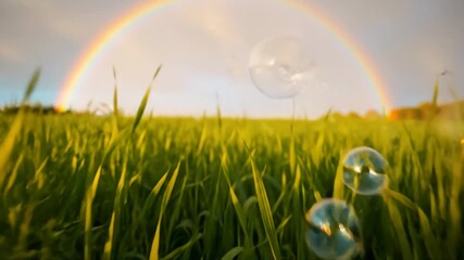 Vibrant Rainbow And Playful Bubbles Over Lush Green Meadow - Powered by Adobe