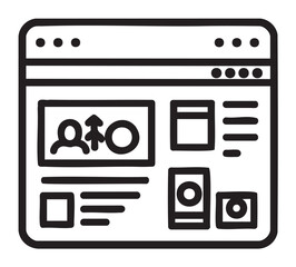 Obraz premium Black outline drawing of a web page layout with various content blocks and icons, including images and text placeholders.