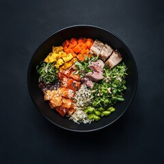 Vibrant healthy bowl of fresh ingredients kitchen food photography dark background top view culinary art