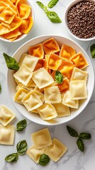 Delicious homemade ravioli kitchen food photography bright aerial view culinary art