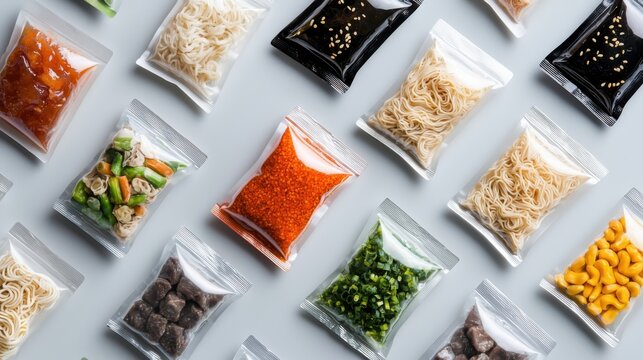 Diverse culinary ingredients display food market product photography neutral background top-down view gourmet cooking essentials