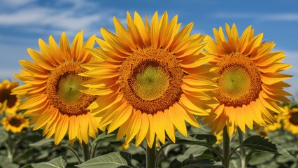 Naklejka premium Vibrant sunflowers bloom under a clear blue sky, showcasing nature's stunning beauty and warm summer radiance in a field of golden petals.