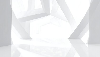 An abstract, bright, white 3D geometric structure of interconnected forms. Reflections on a glossy surface. A futuristic, clean, and modern design