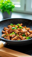 Cooking tender chicken stir-fry with fresh herbs in a modern kitchen vibrant colors culinary art