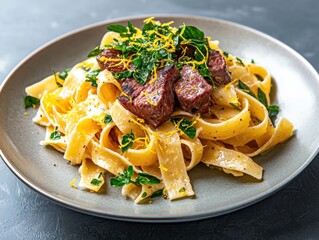 Delicious pasta with beef and greens home kitchen food photography casual setting aesthetic appeal