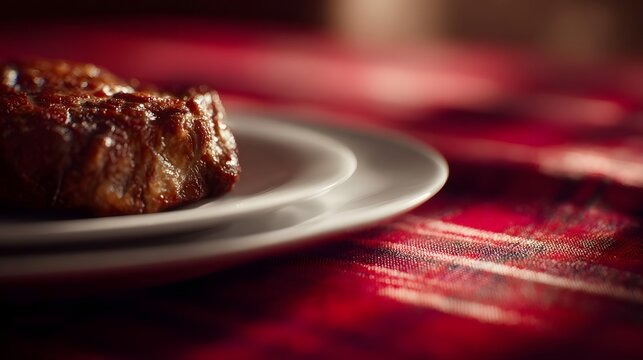 A beautifully seared steak sits on a white plate atop a vibrant red tartan tablecloth
