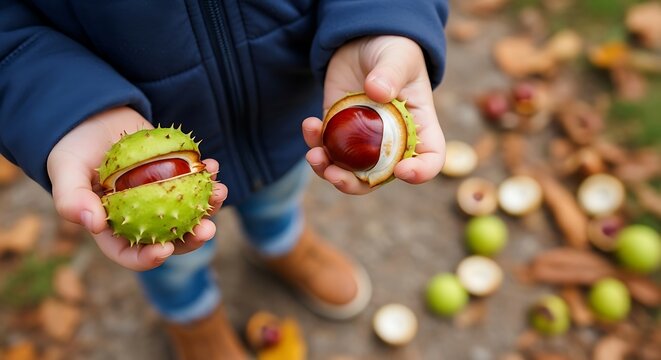 Child holding horse chestnuts in spiky shells hands - Powered by Adobe