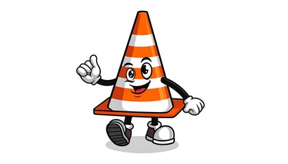 Animated orange traffic cone character, smiling and giving a thumbs up with black shoes and white gloves, isolated on a white background