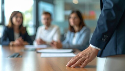 Focus on hand of businesswoman in table while talking with colleagues in boardroom.