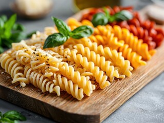 Preparing colorful fusilli pasta salad kitchen food photography bright environment top view culinary art