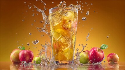 Refreshing apple juice with splashing water and ice cubes surrounded by fresh whole apples, creating a vibrant and thirst quenching visual for summer beverages and healthy drink advertising.