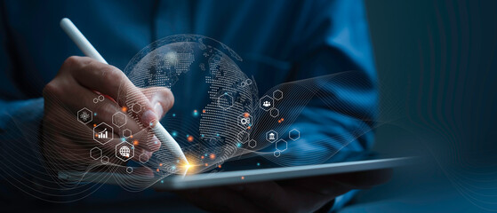 Business and Digital transformation concept.Using digital tablet with big data and networking, internet global network connection, Data science, futuristic, innovative, Abstract technology background