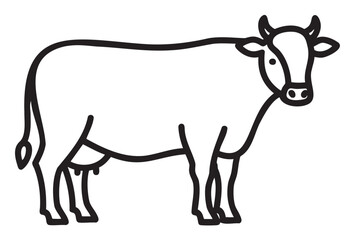 Obraz premium Black outline drawing of a cow standing in profile view, showcasing a simple and minimalistic design for educational and agricultural purposes.