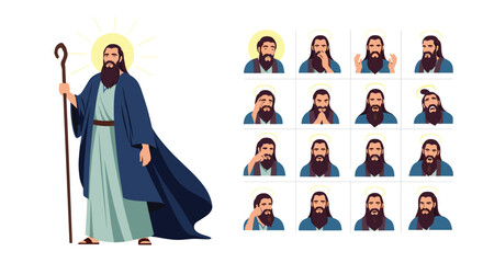 A man with a long beard and robe holding a staff and various facial expressions.