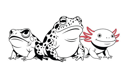 Three distinct amphibian species standing together in a line.