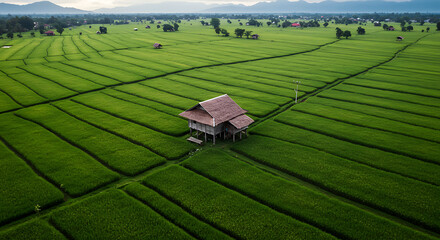 Rustic Wooden House Surrounded by Lush Green Rice Fields