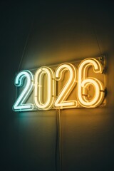 Neon sign displaying year 2026 glowing numbers on dark wall turquoise and yellow light aesthetic