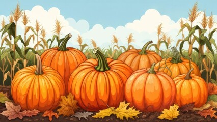 Vibrant illustration of pumpkins in a field, corn stalks, fallen leaves, and a blue sky