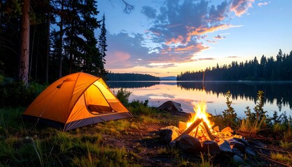 Camping scene by a lake at sunset with a tent and campfire
