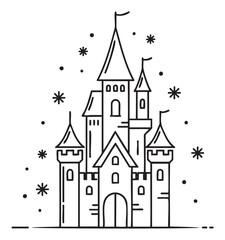 Fototapeta premium Black outline vector icon of a fairytale castle with multiple towers and decorative stars. minimal linear illustration for fantasy, architecture, and storybook themes.