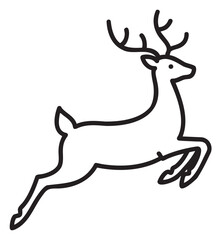 Black outline of a leaping deer with antlers, depicted in a minimal linear style.