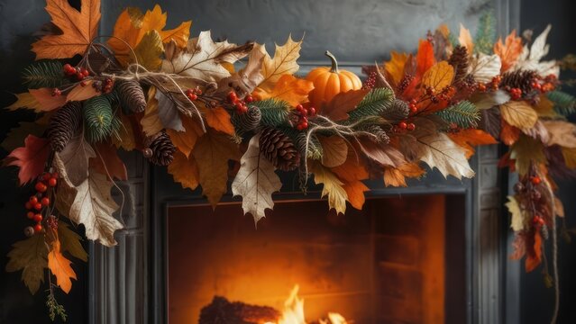 Festive autumn fireplace adorned with colorful leaves, berries, pine cones, and a pumpkin - Powered by Adobe
