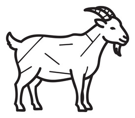 Fototapeta premium Black outline vector icon of a standing goat with curved horns and a small beard, illustrating a simple animal profile for farming or wildlife themes.