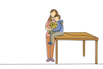 Continuous one line drawing a little boy sitting at a table and his mother standing and holding a bouquet of flowers. A beautiful day. Gift. Day of Mother. Single line draw design vector illustration