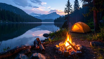 Camping scene near a lake with mountains, tent, campfire, and beautiful nature