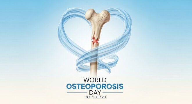 World Osteoporosis Day banner with a human bone and blue ribbon forming a heart shape, symbolizing bone health, fragility awareness, and global prevention campaign