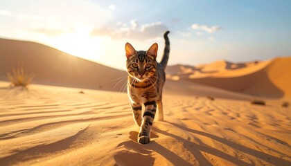 Cat Walking in Desert, Sunlight and Nature at Sunset, Sand Dunes Scene