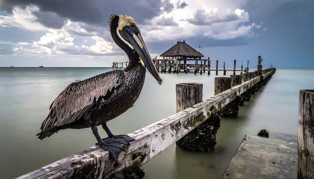 A brown pelican perches on a weathered wooden pier with a thatched roof structure in the background under a cloudy sky. Calm ocean stretches out